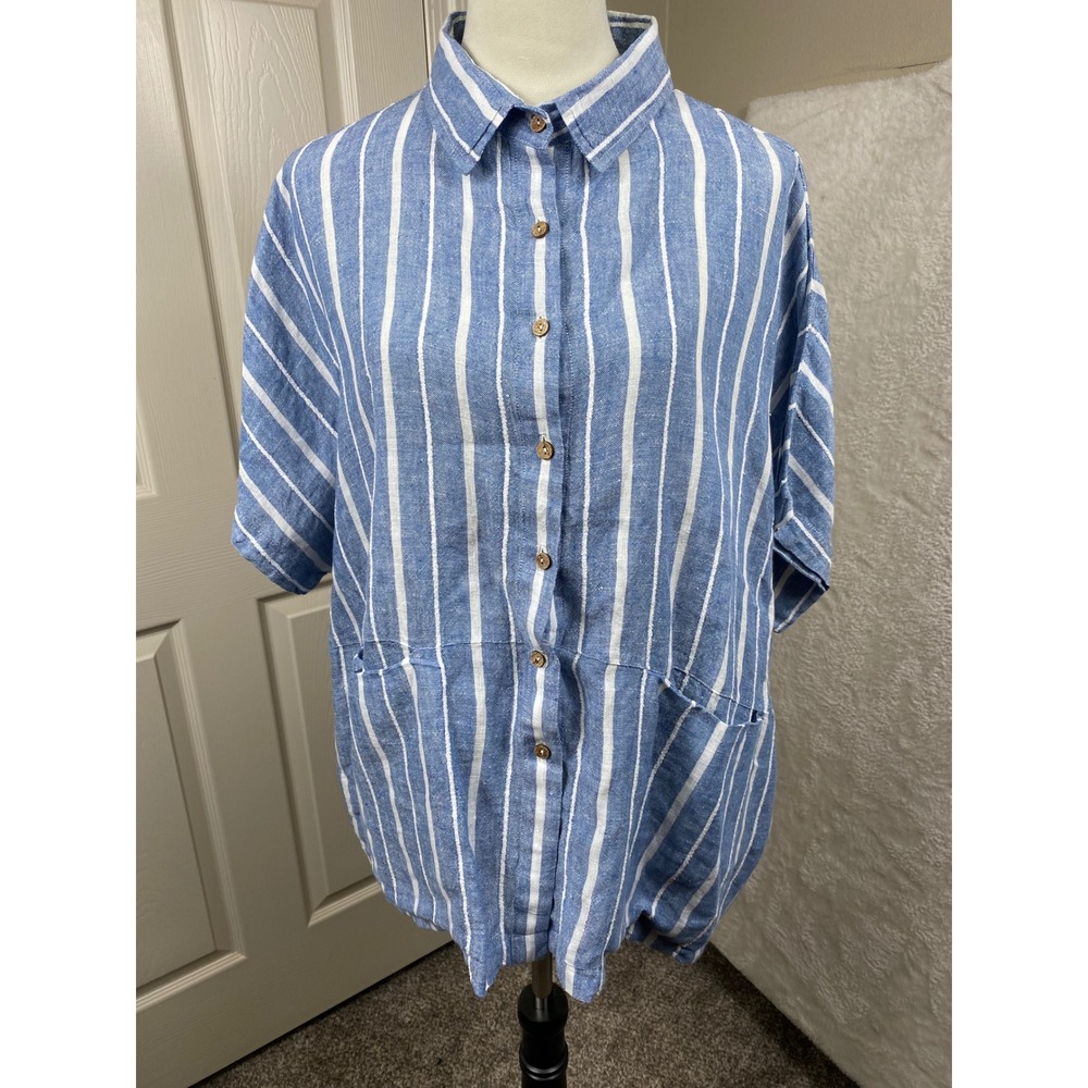 Spanner Striped Linen Button Down Shirt Tunic Top with Pockets XL‎ Coastal Cool